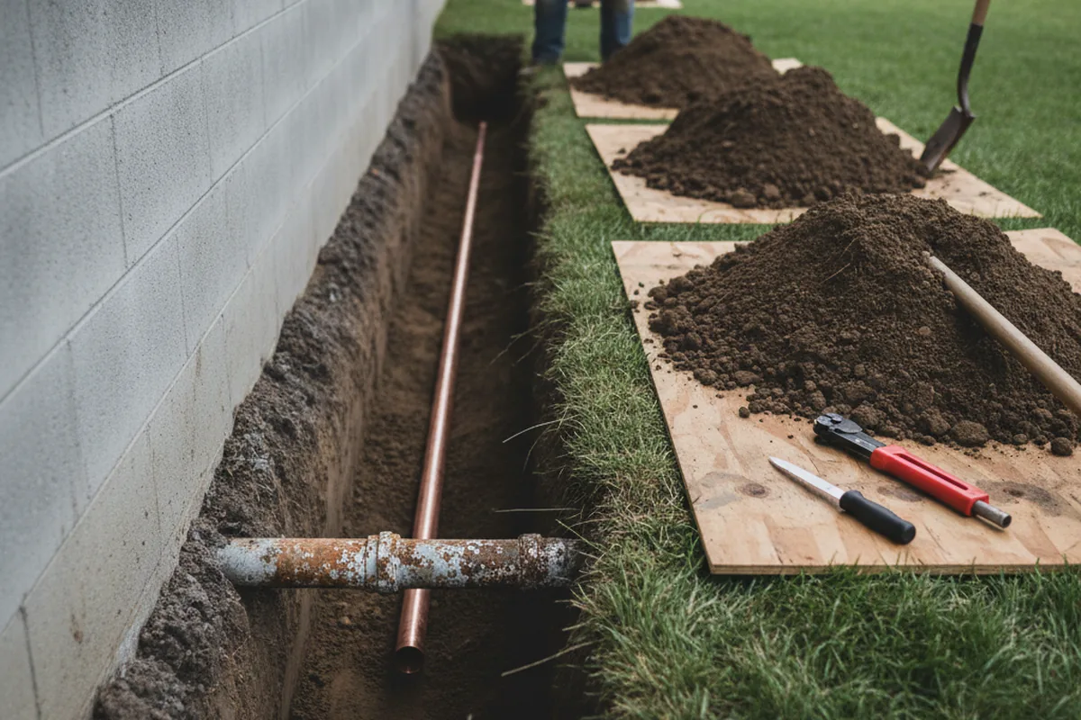 Excavated water line trench during Sewer Line Repair in Durand